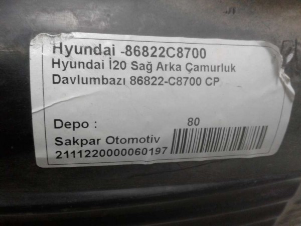 Hyundai İ20 Sağ Arka Çamurluk Davlumbazı 86822-C8700 CP